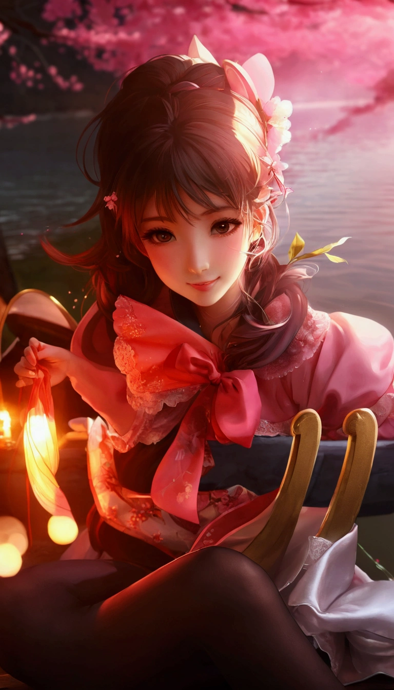 sakuramiku, upper body, smile, blush, sitting, ((cherry blossoms)), ((pink sleeve)), pink tone, ((pink stockings)), pink sky, sunset, lake, reflection