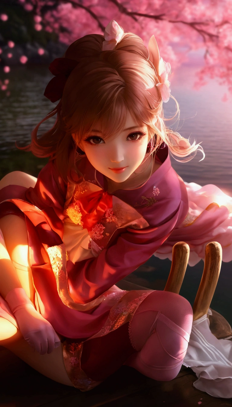 sakuramiku, upper body, smile, blush, sitting, ((cherry blossoms)), ((pink sleeve)), pink tone, ((pink stockings)), pink sky, sunset, lake, reflection