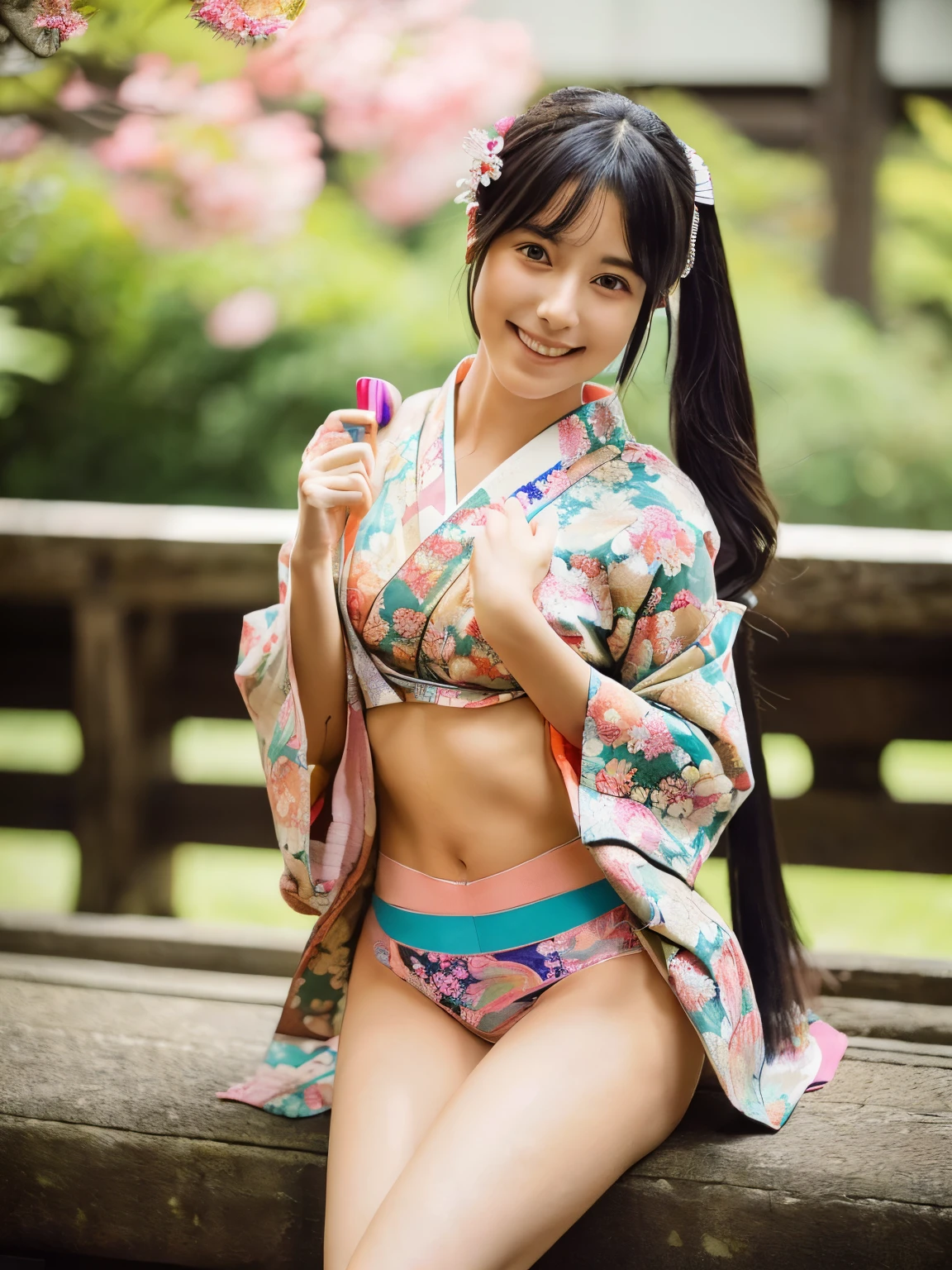 A very cute face like an idol、A 20-year-old woman who looks young、Smiling Kindly、Wearing a yukata、((Thighs are visible))、night、Japanese Gardens、Natural light、(whole body)、(Maiko、geisha、kimono、Long-sleeved kimono、yukata)、(((Colorful floral pattern(丈が短いkimono)))、(((kimonoめくり(kimonoの裾を上げる)))、(((Beautiful thighs(Sexy panties are in sight)))