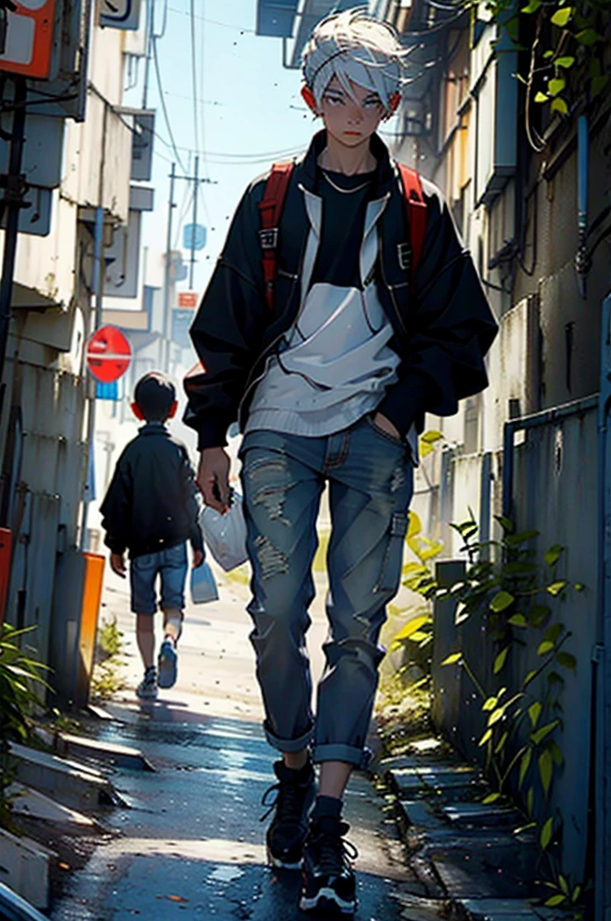 Inch-headed youth,White skin,Walking on the city streets