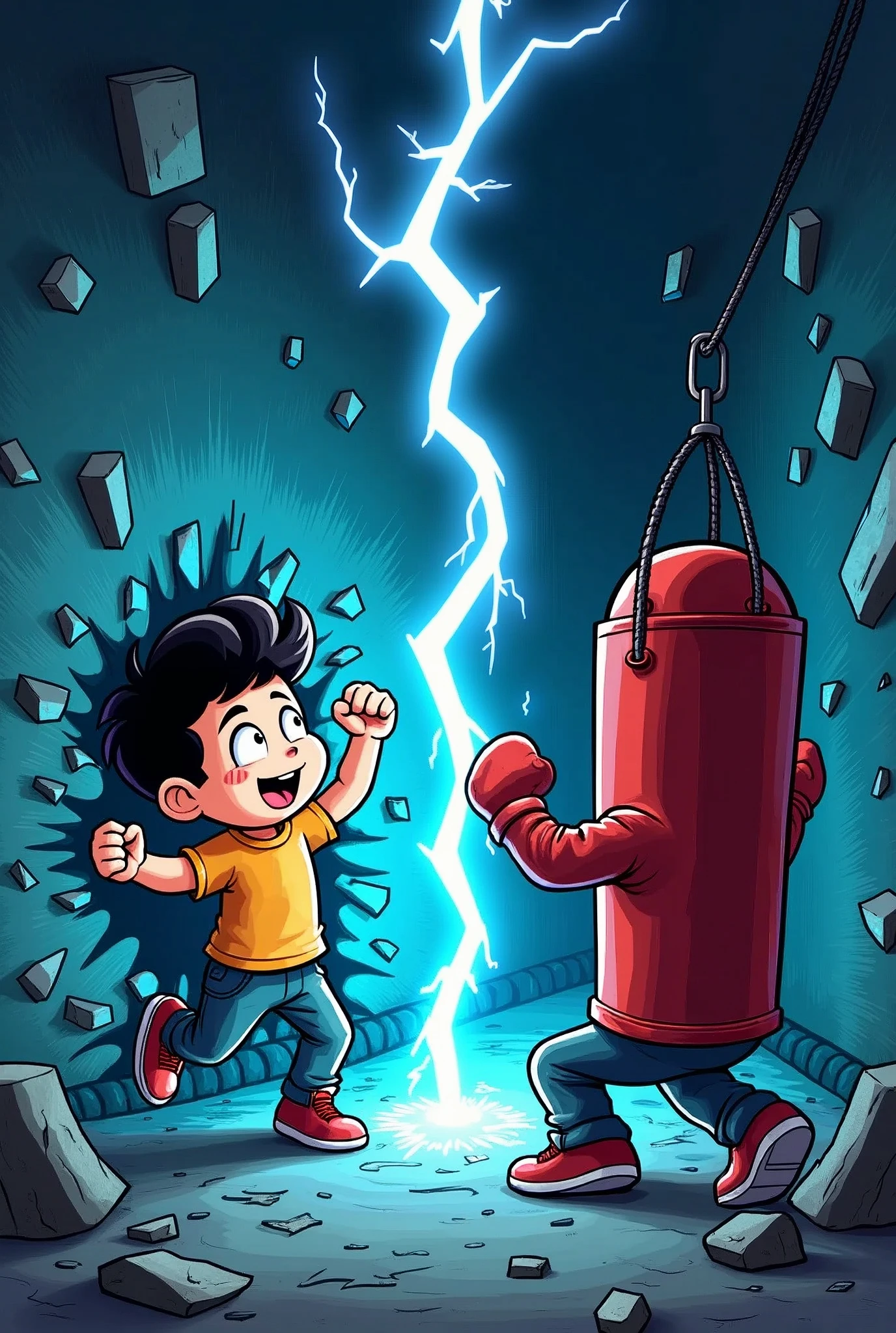 Cartoon of cute Young boy breaking the wall, while cute on right side throwing a powerful punch to a punching bag breaking the right wall with it, they both get electricity falling on them from above the word "Action bar" which also look good while background of whole image is black and electricity color is blue and white