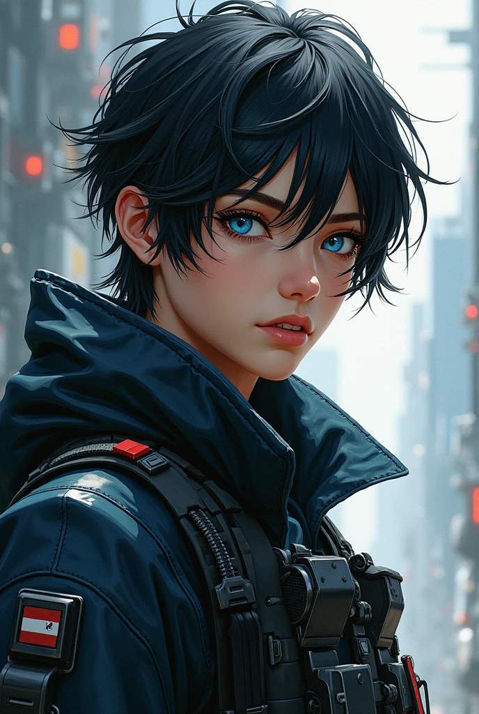 digital art style, drawn by hand, reference sheet, concept art, fanart, not cute, dystopian, futuristic, gender-neutral, young adult, dark hair, blue eyes, “stellar”, “perfect soldier”