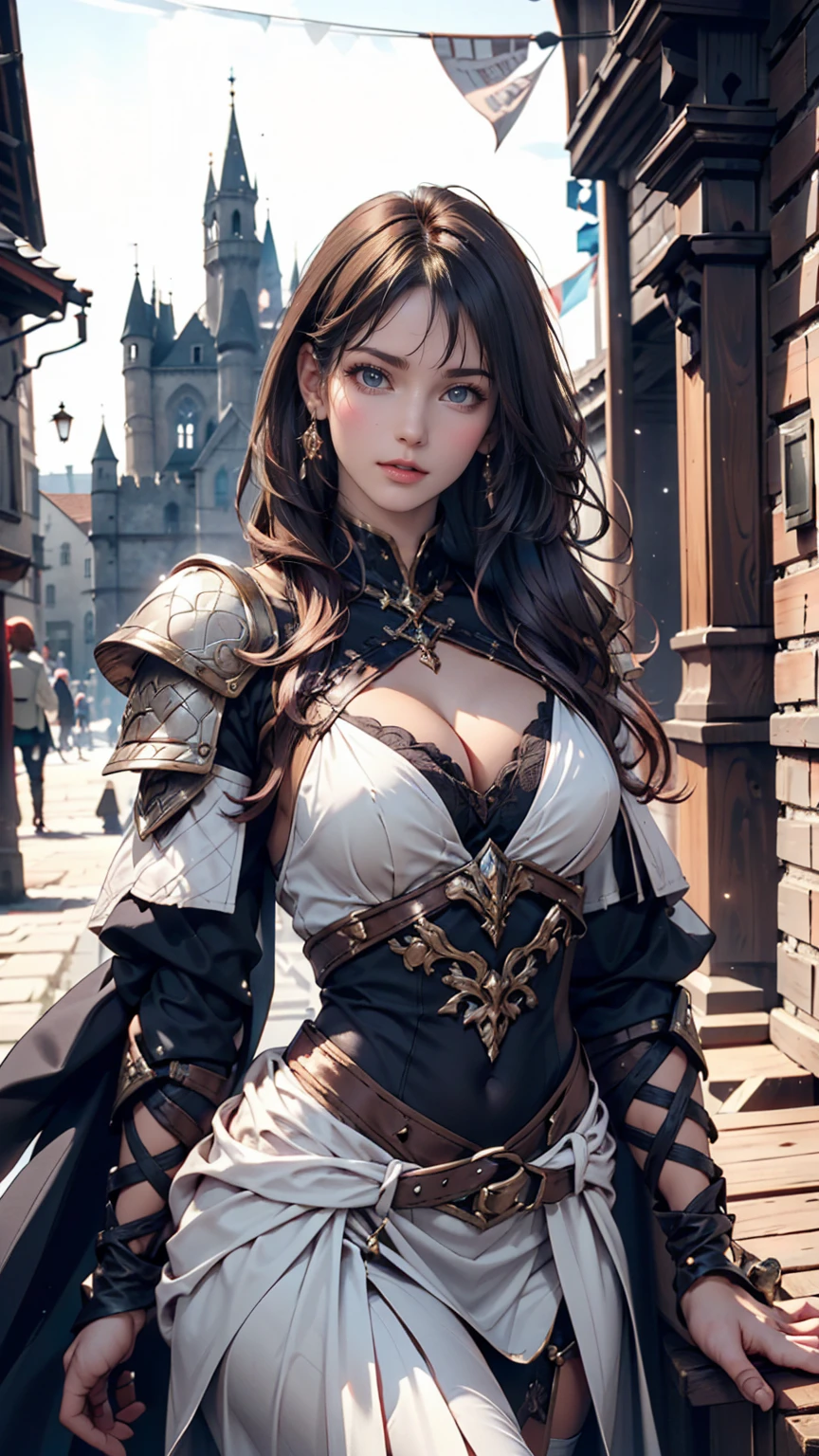 Group of women with colored hair and detailed armor in medieval paladin dress, Are standing, Medieval town with castle in the background、24-year-old woman、Attractive Young Woman, (Beautiful Face:1.1), Detailed eyes, Seductive lips, (eye make up:1.2), (Medium chest:1.0), (Toned body:1.2), Sexy proportions、Narrow waist