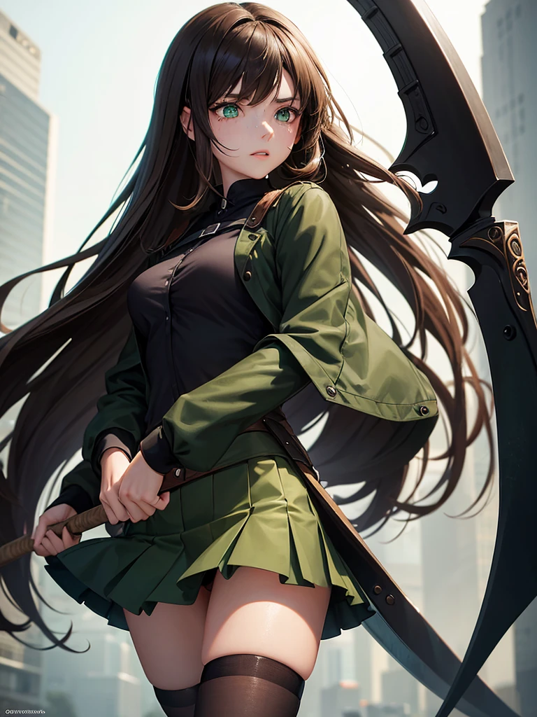 a 20 year old girl, with semi-long brown hair, bright emerald green eyes, with rosy lips, with a few freckles and dressed in a black uniform with a short, open skirt and a short, open jacket, wielding a scythe with cursed powers
