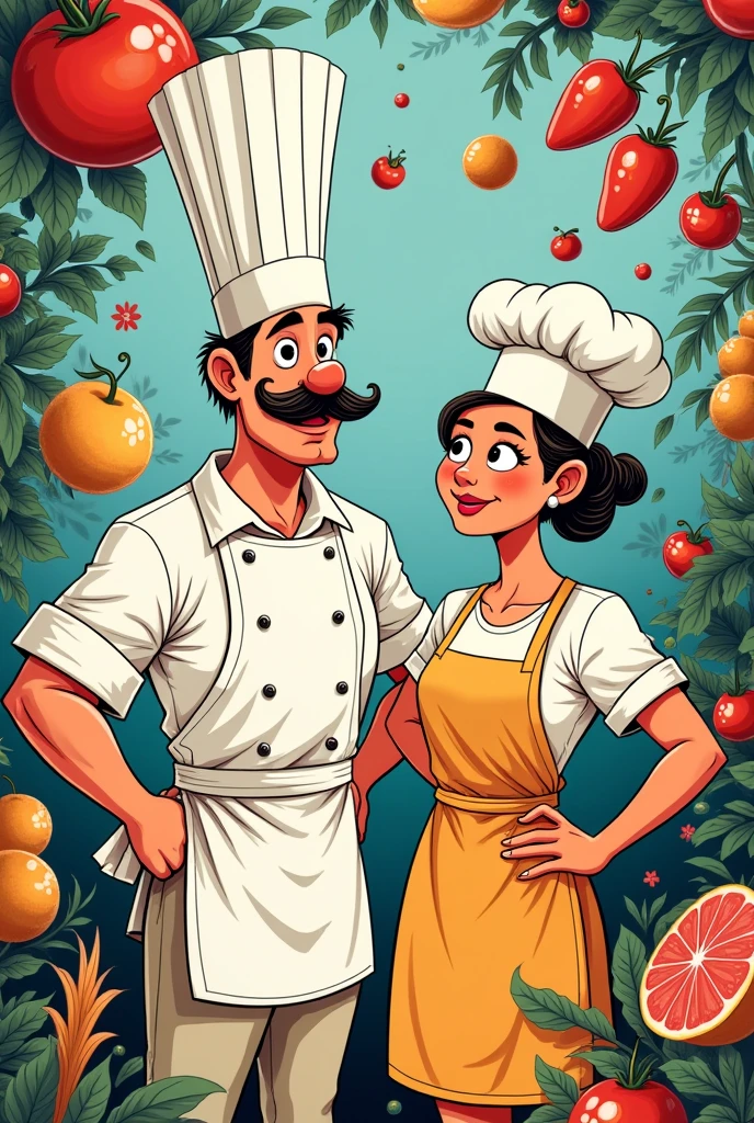 cartoon male and female chefs g food world,boock cover ,black