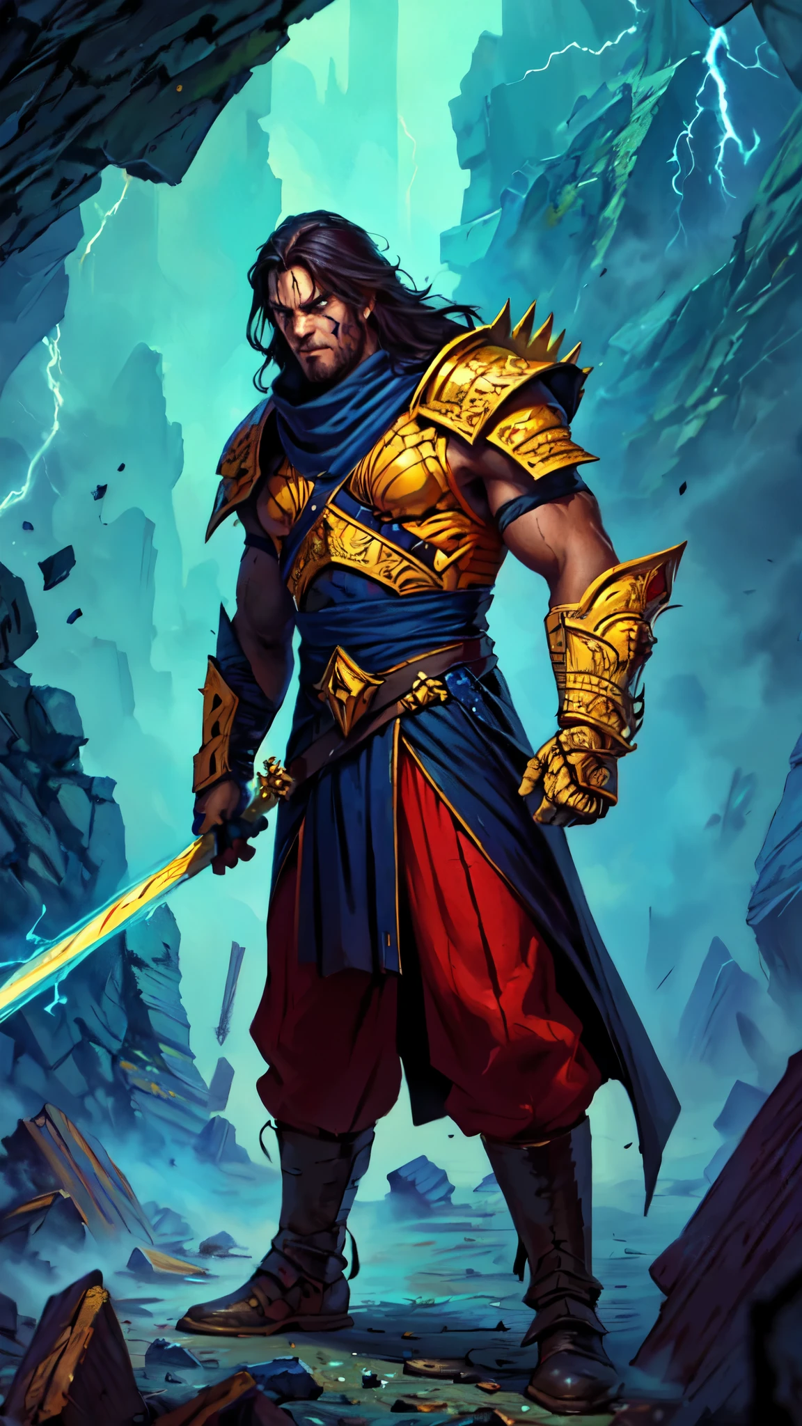 (masterpiece:1.2, best quality:1.2, extremely delicate:1.2), a middle-aged man, wild disheveled long hair streaked in red and black, a rugged and imposing face, a lightning-shaped tattoo on the left side of his face, sharp eyes, a confident smile, a tall and muscular build, a fantasy martial arts-style short-sleeved coat, form-fitting scale armor underneath, a black fur shawl drapes over his shoulders, wrist guards, matching canvas trousers, stands majestically on shattered ground, surrounded by floating debris, this character embodies a finely crafted fantasy martial arts-style overlord in anime style, exquisite and mature manga art style, dramatic, high definition, highres, ultra-detailed, ultra-fine painting, professional, perfect body proportions, golden ratio, anatomically correct, symmetrical face, extremely detailed eyes and face, high quality eyes, creativity, RAW photo, UHD, 32k, Natural light, cinematic lighting, (masterpiece-anatomy-perfect:1.2)