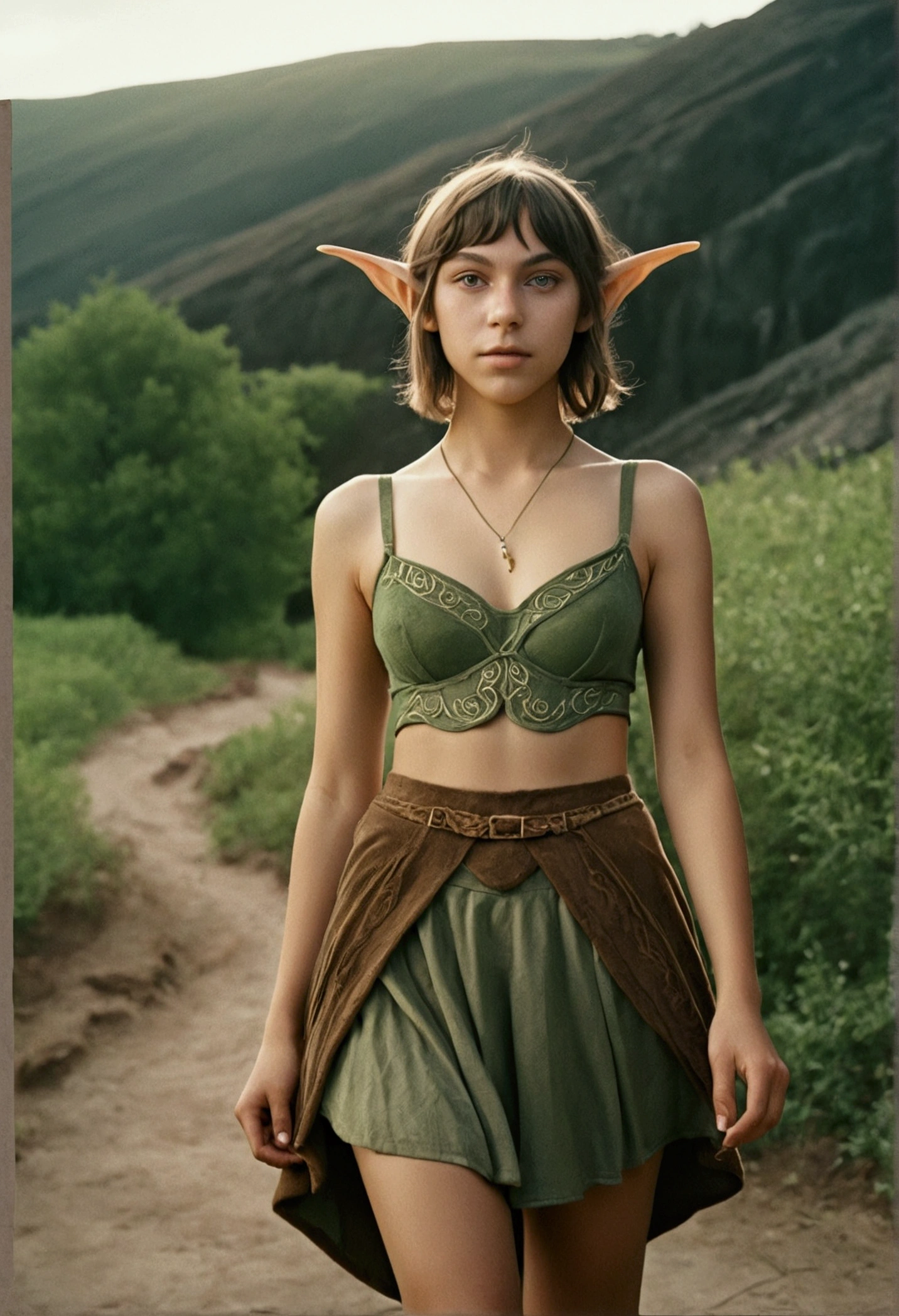 analog film photo, photo of a young elven girl, 18 years old, elf ears, honey eyes, shaggy brunette bob cut, tan complexion, tall stature, voluptuous hourglass figure, full hips, plump round buttocks, wearing a bralette and an asymmetrical mini-skirt, strolling through a fantasy landscape, RAW Photograph, dslr, soft lighting, high quality, film grain, Fujifilm XT3, detailed skin with visible pores, insane details, masterpiece, 8k, 35mm photograph, dslr, kodachrome, faded film, desaturated, grainy, vintage, Lomography, stained, highly detailed, found footage, close-up shot, elven ears