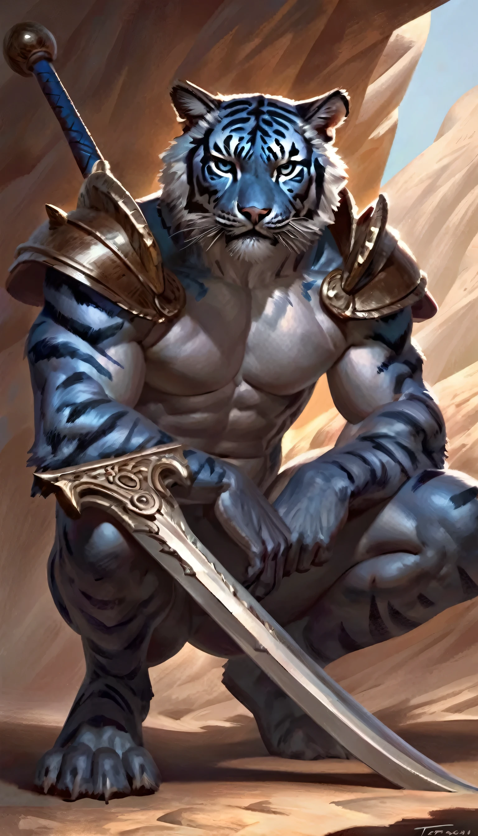 Male blue tiger knight in a den holding a large two-handed sword, alone, arrogant expression, masterpiece, Best Art, whole body, by violinist taran, detailed eyes, detailed body, claws, high, top-less, Pecs, ABS, shoulder pads, squatting posture, naked, looking directly at the viewer