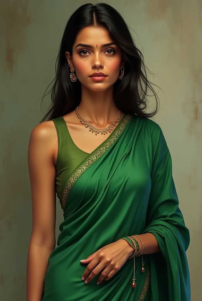 35 year old indian Lady in green sari with sleeve less blowse. 
