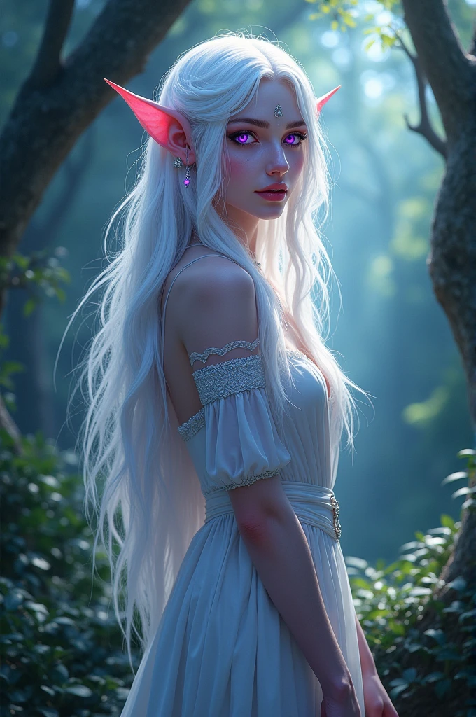 Night elf druid with pale pink skin and long, loose white hair, bright eyes and markings on her face of a dark violet color