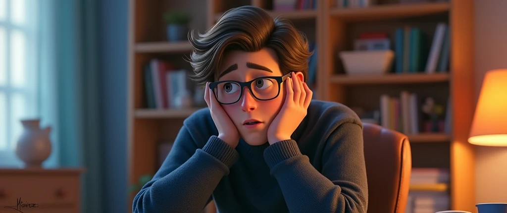 a male animated movie character in the Disney Pixar style, high qualiy, best quality , black fleece sweater blue shirt , Wear nerd glasses,  , long  hair , Happy young man  , He's bored with his hands on his face, sitting at his desk in his room  , PENSATIVE 