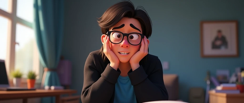 a male animated movie character in the Disney Pixar style, high qualiy, best quality , black fleece sweater blue shirt , Wear nerd glasses, , long hair , Happy young man , He's bored with his hands on his face, sitting at his desk in his room , PENSATIVE