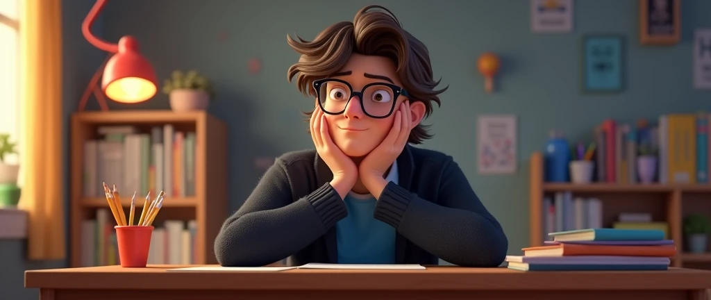 a male animated movie character in the Disney Pixar style, high qualiy, best quality , black fleece sweater blue shirt , Wear nerd glasses,  , long  hair , Happy young man  , He's bored with his hands on his face, sitting at his desk in his room  , PENSATIVE 