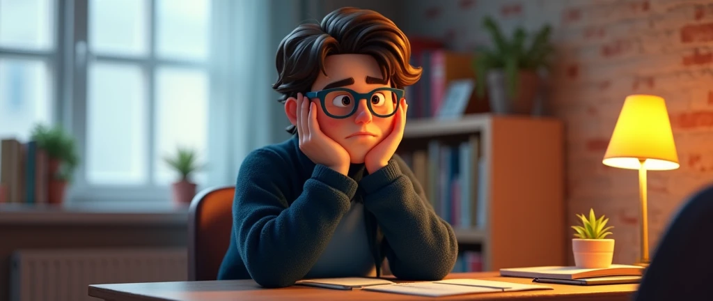 a male animated movie character in the Disney Pixar style, high qualiy, best quality , black fleece sweater blue shirt , Wear nerd glasses, , long hair , Happy young man , He's bored with his hands on his face, sitting at his desk in his room , PENSATIVE