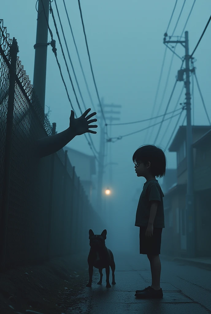 A small Japanese residential area shrouded in morning mist、A black hand reaching out from a faulty construction site fence、A short-haired elementary school student with glasses standing nearby with a surprised expression、A pug and French bulldog mix、Creepy、Creepy、Very detailed、Cinematic lighting、Dramatic colors、Moodyな雰囲気、(Highest quality、4K、8k、High resolution、masterpiece:1.2)、Super detailed、(Real、Photorealistic、Photorealistic:1.37)、Dramatic lighting、Dark Shadows、Moody、mysterious、Surreal、Creepy