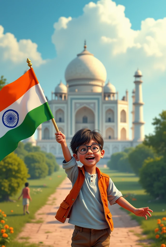 Boy with spects celebrating Inda Independence day , with beautiful sceen in behind showing glory of india 