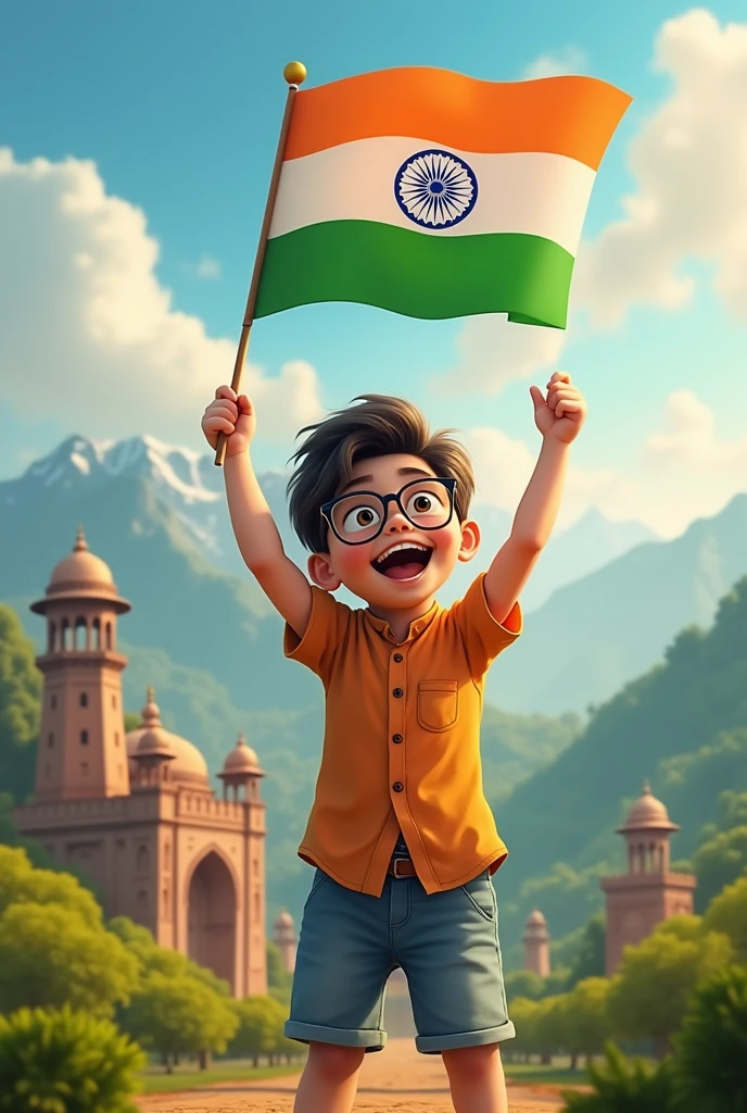 Boy with spects celebrating Inda Independence day , with beautiful sceen in behind showing glory of india 