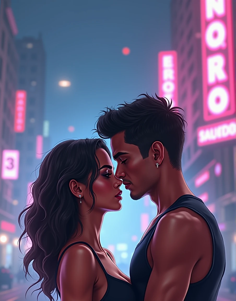 a cover of a narco romantic novel, (a young black African American man with short hair, handsome and a beautiful Latina woman with dark chocolate skin and a beautiful curvy body, 21 years, Round and firm breasts, wide and generous hips, a black dress with a low neckline that hugs her in a passionate pose, stacks of dollar bills, dramatic lighting, cinematographic, hyper detailed, 8k, Intricate, oil painting, dramatic shadows, high contrast, vibrant colors, moody, chiaroscuro, romantic, sensual, intimate, cinematographic composition
