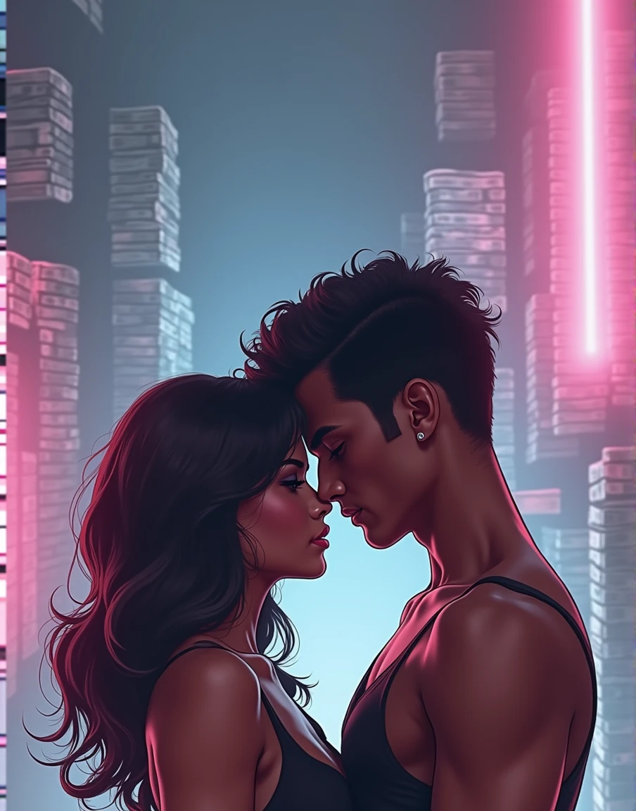 a cover of a narco romantic novel, (a young black African American man with short hair, handsome and a beautiful Latina woman with dark chocolate skin and a beautiful curvy body, 21 years, Round and firm breasts, wide and generous hips, a black dress with a low neckline that hugs her in a passionate pose, stacks of dollar bills, dramatic lighting, cinematographic, hyper detailed, 8k, Intricate, oil painting, dramatic shadows, high contrast, vibrant colors, moody, chiaroscuro, romantic, sensual, intimate, cinematographic composition
