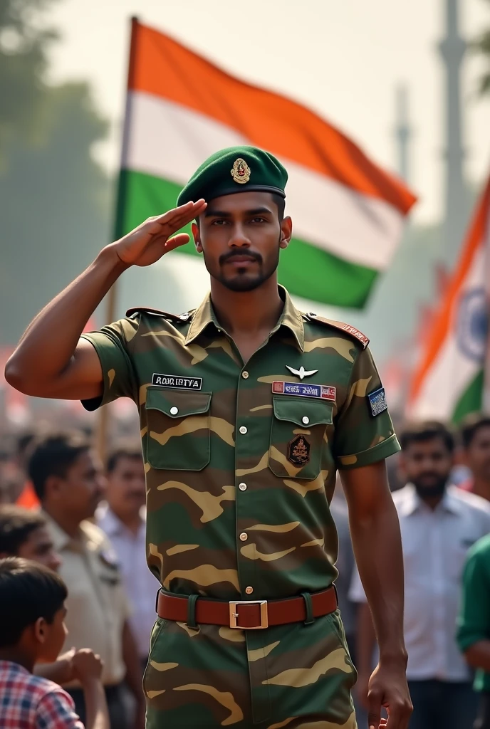 Create a photo of republic day on 15 August. A fit man saluting the Indian flag . The man wearing t shirt naming aditya on it . T shirt must be designed like the soldier uniform. 