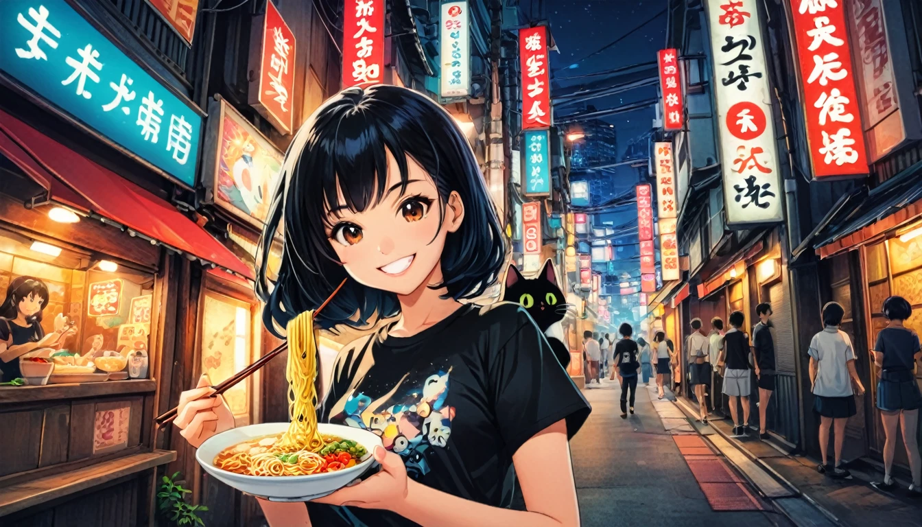 (((wide angle shot, mid body))), Girl, black hair, eating noodle side street, T-shirt, White, Art, Retro, Cartoon Collage, little black cat on sholder, Smile, tokyo city night background, neon light, detailed background, Anime Style