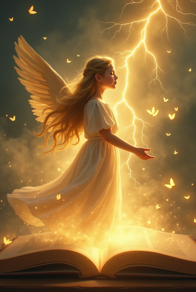 A girl living angel coming out from a Bible ... Her surroundings is lightning with golden butterflies... She spreads her hand towards the butterflies her golden hair flattering in air... She is in her side profile eyes closed