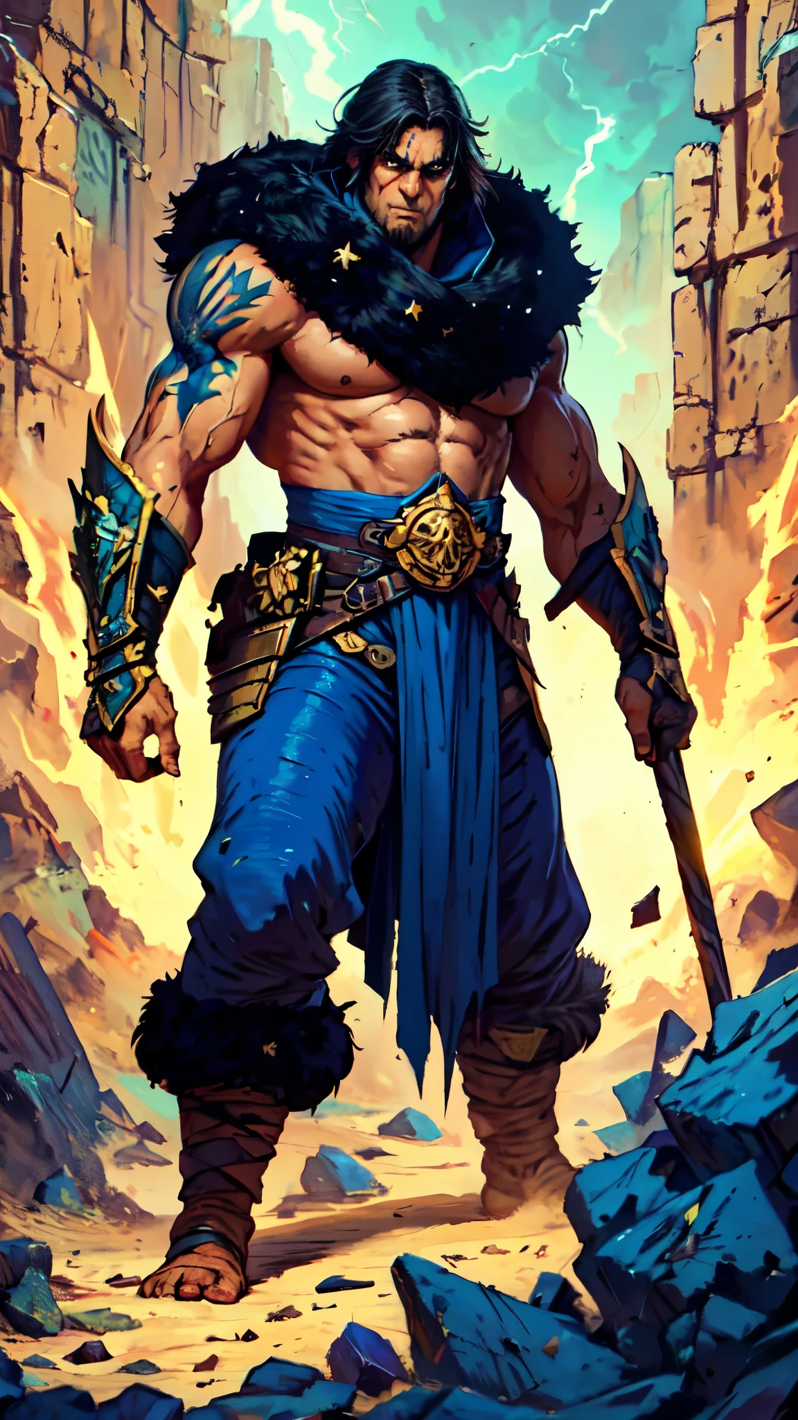 (masterpiece:1.2, best quality:1.2, extremely delicate:1.2), a middle-aged man, wild disheveled long hair streaked in red and black, a rugged and imposing face, a lightning-shaped tattoo on the left side of his face, sharp eyes, a confident smile, a tall and muscular build, a fantasy martial arts-style short-sleeved coat, form-fitting scale armor underneath, a black fur shawl drapes over his shoulders, wrist guards, matching canvas trousers, stands majestically on shattered ground, surrounded by floating debris, this character embodies a finely crafted fantasy martial arts-style overlord in anime style, exquisite and mature manga art style, dramatic, high definition, highres, ultra-detailed, ultra-fine painting, professional, perfect body proportions, golden ratio, anatomically correct, symmetrical face, extremely detailed eyes and face, high quality eyes, creativity, RAW photo, UHD, 32k, Natural light, cinematic lighting, (masterpiece-anatomy-perfect:1.2)