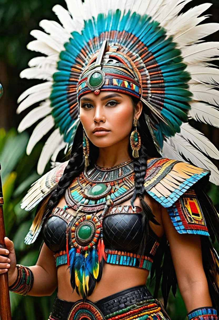 ((best quality)), ((masterpiece)), (detailed), perfect face 1 young girl,Aztec warrior goddess, beautiful, perfect, una Aztec warrior goddess, cara perfect, perfect body, medidas perfects, Perfect medium breasts, perfect waist and thighs, brings su armadura,(gilded with obsidian and jade), and gemstone inlays, armor worthy of a goddess, (she is surrounded by a divine aura), brings un hermoso_big and (majestic headdress) of feathers of colorful feathers, (very intricate design), (Exotic feathers), brings (obsidian macuahuitl), the weapon of a god,