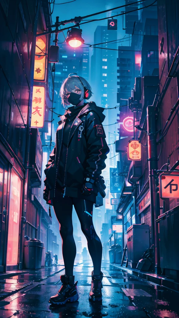 Highest quality, Realistic, Cyber World, sf, cyber punk, Neon Light, Cityscape, Neon Trim, A masterpiece of synthetic textures, Highest quality, ilRouxstration, Highest quality, One person, alone, Roux_already, Have, White thighs, Gray Hair, short hair, headphone, smile, Wear a mask, heavy rain, Put your arms behind your back, Surrealism, cinematic lighting, UHD, high details, best quality, highres, 8k