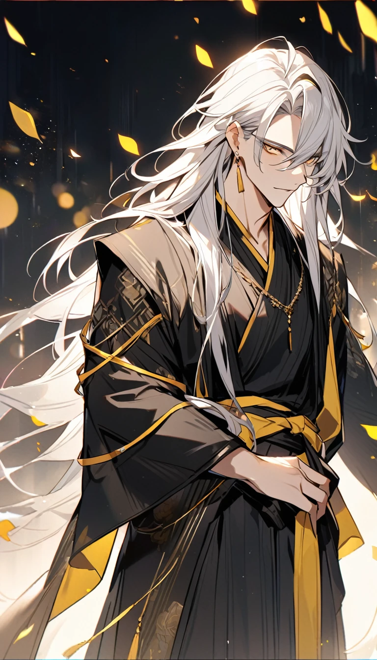 Handsome, solo, 1 male, long hair, white hair, yelow eye, wearing a black Hanfu, black and white Hanfu,
