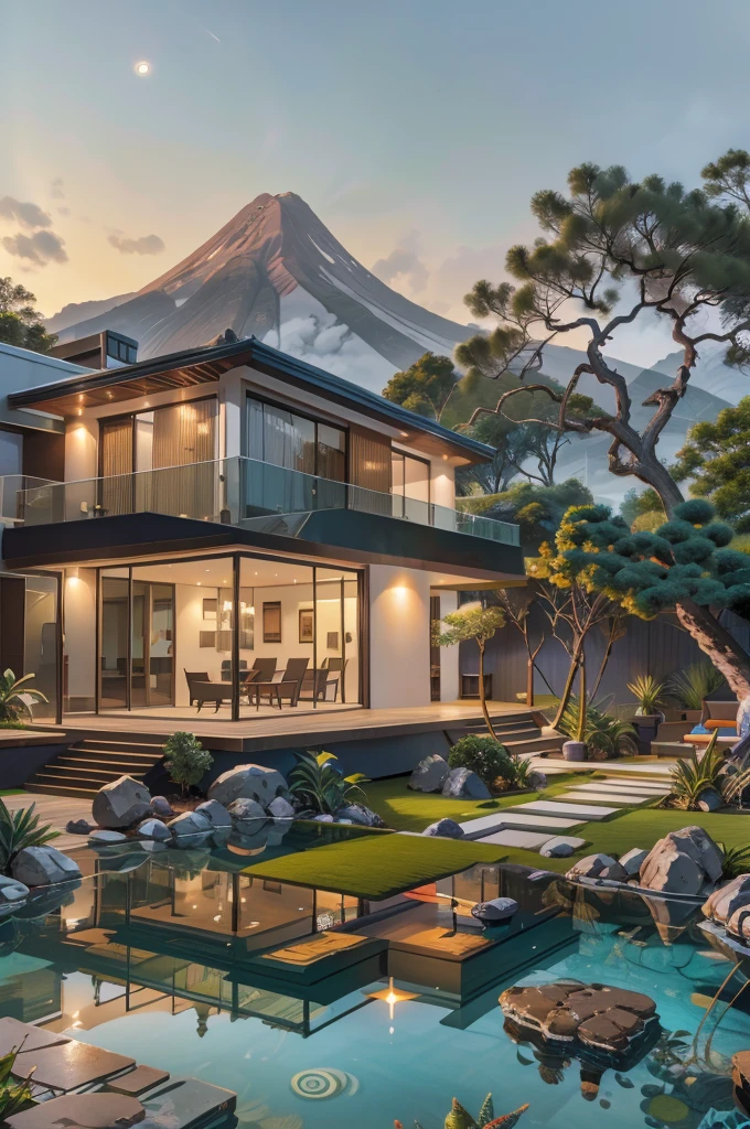 small and beautiful modern house in top of big boulders, terraces, pool, stairs, multiple cacti gardens, palms, trees, rocks, beautiful landscape design, mountains and volcano y background, amazing clouds, sun, moon, planets, milky way galaxy, concrete, wood, glass and steel materials, olive green, violet, orange and withe colors in facade