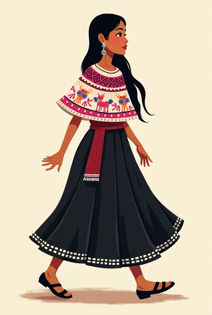 simple popular illustration of a young Guatemalan woman wearing Guatemalan clothing cut,huipil y faja caminando de lado si es la ropa de tecpan guatemala mejor y que reslte que esta usando joyas minimalistas te cuento el corte es una falda que llega bajo la rodilla es de fondthe black con cuadriculares de color blanco Huipil:

body: usually cotton, With a background in colors like white, red, the black.
Embroidery:
design: Embroidery en la parte frontal del huipil, with geometric patterns, animal figures, flowers and traditional Mayan symbols.
colors: Los bordados pueden ser en tonos vivos como rosado red y azul.
Location: The embroidery surrounds the entire blouse.: Rectangular or slightly flared, with a square or rounded neckline. Sleeves can be short or sleeveless. that has minimalist jewelry but stands out 
