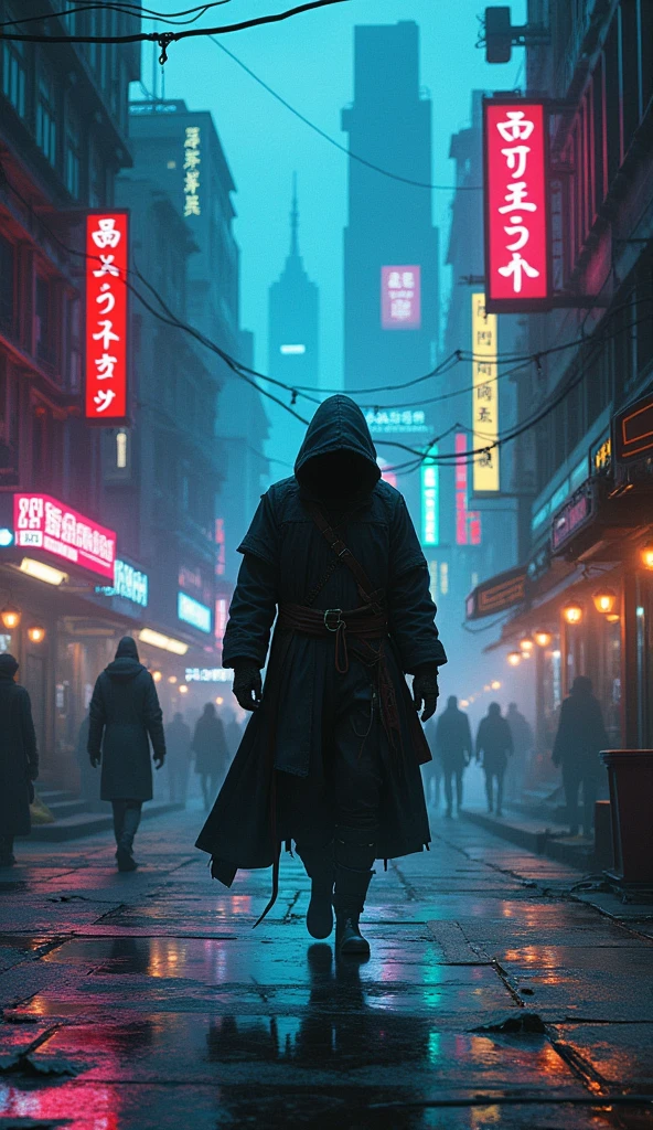a painting of a man in a hooded cloak walking down a street, cyberpunk dark fantasy art, cyberpunk samurai, dan mumford tom bagshaw, fantasy cyberpunk, cyberpunk horror style, cyberpunk street, cyberpunk themed art, fantasy cyberpunk horror, cyberpunk dark fantasy, cyberpunk art style, anime cyberpunk art, scifi cyberpunk, occult cyberpunk, cyberpunk art, cyberpunk darksynth, cyberpunk atmosphere