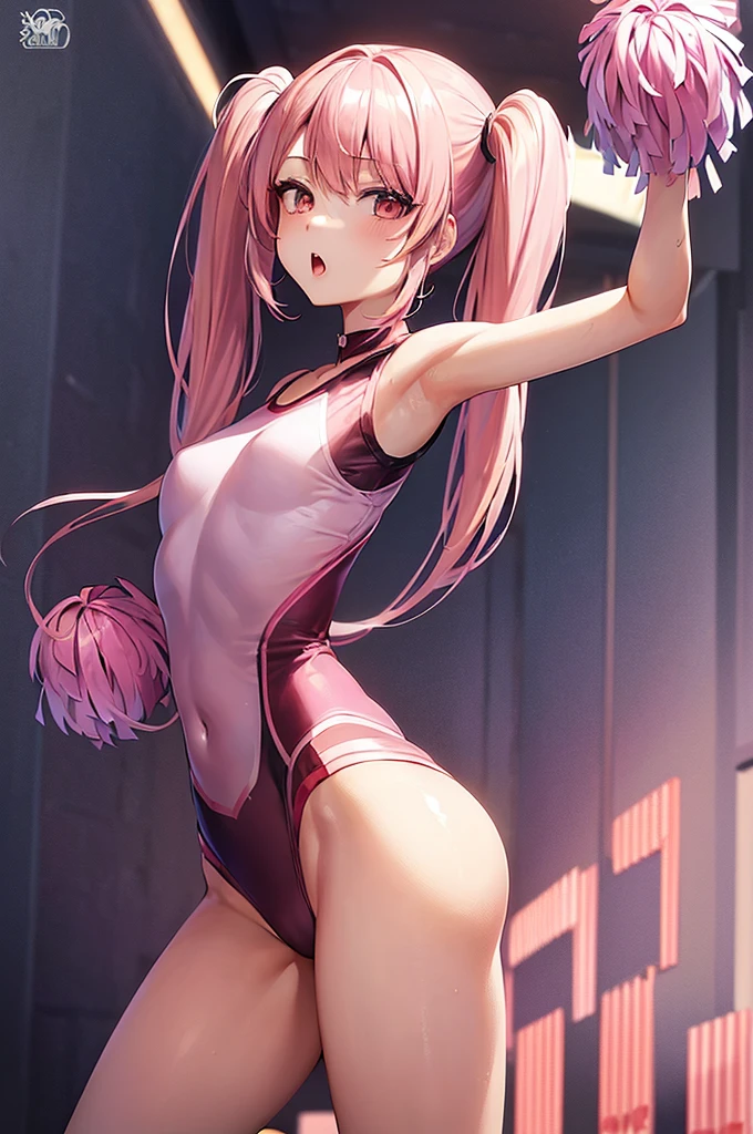 masterpiece, best quality,anime style, 1 girl,(((slender body))), (((small eyes,small breast))),(((cheerleader uniform))), (beautiful face), (((short twintail))), (((straight hair))), ((((pink hair)))),detailed beautiful skin, (perfect hands, perfect anatomy),scream