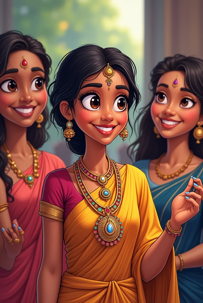 Tamil lady at family function showing her necklace to other ladies cartoon