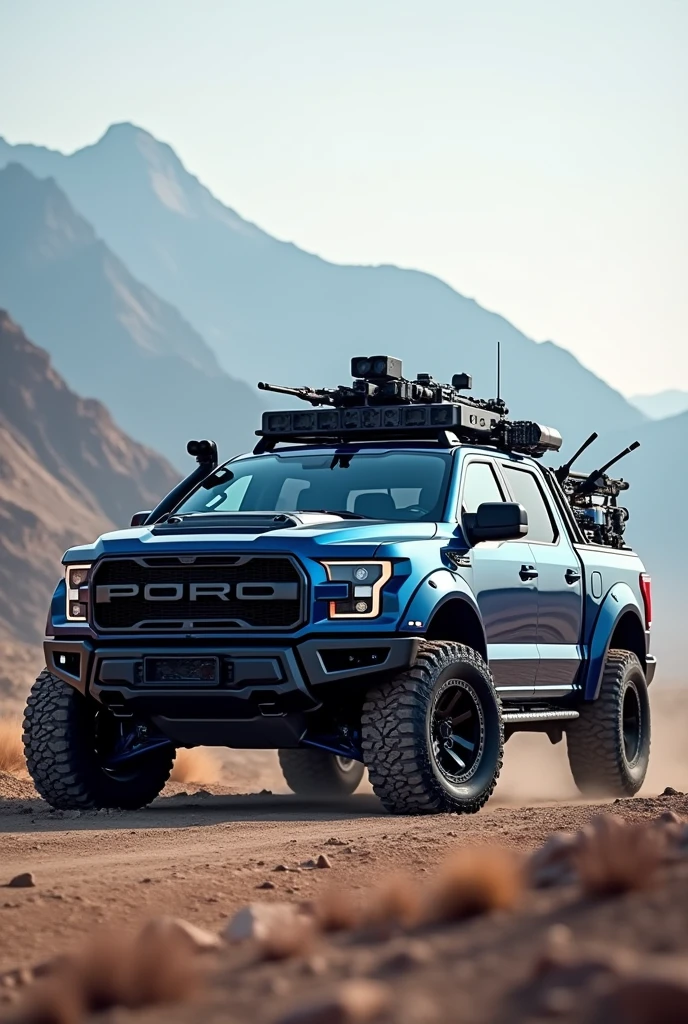 Create an illustration of a car, beautiful, with presence, very well equipped and armed, color blue, double cabin