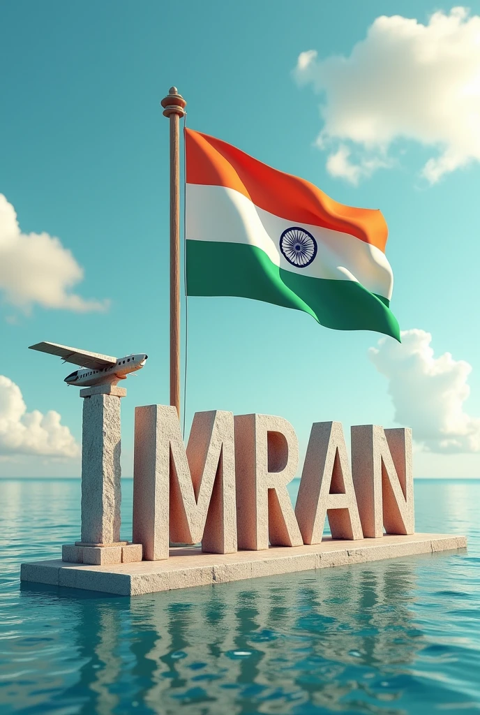 Name “IMRAN” real 3D sea Island background with big 15 August Indian flag , stone text capital big aroplane, stone peal. stylish in front 3D rendering, typography, 3d render, poster, fashion
