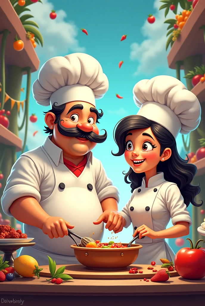 cartoon male and female chefs g food world,boock cover ,black  kit