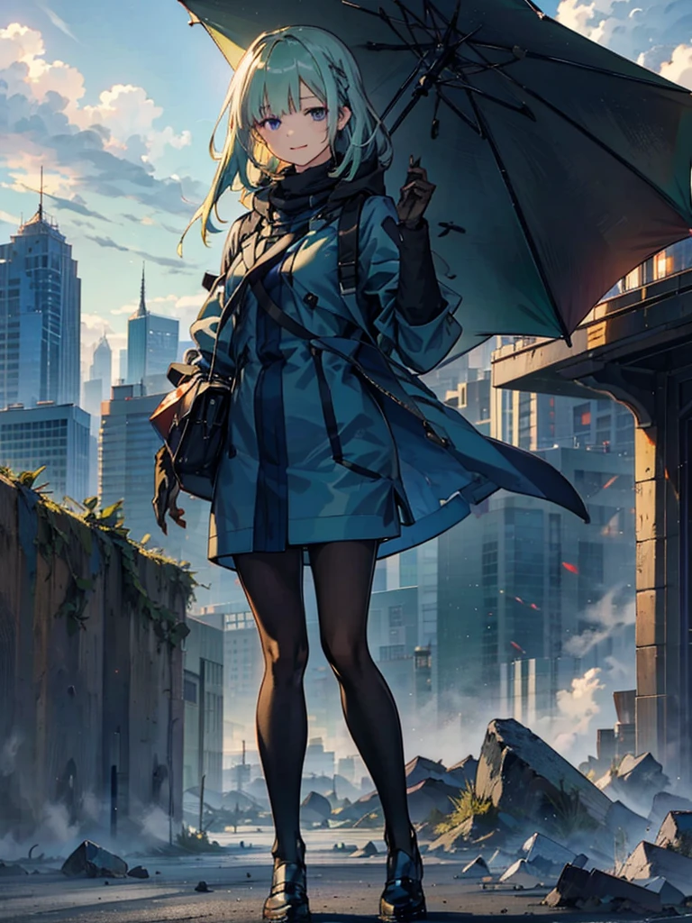 Empty City, A town above the clouds, Sky City,Black Eye,green hair, wearing a duffle coat, Falling from the sky