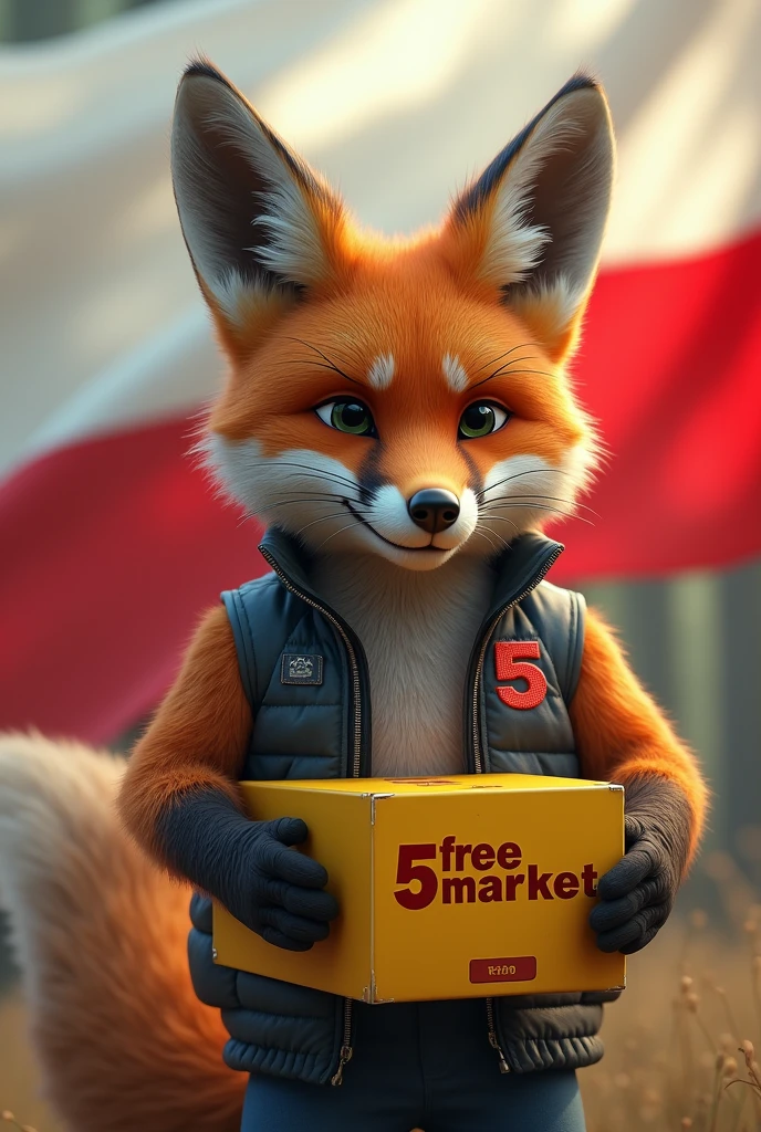 Realistic fox with vest with 5 s written on it carrying a yellow box with free market written on it, with the Polish flag in the background waving in the wind realistically