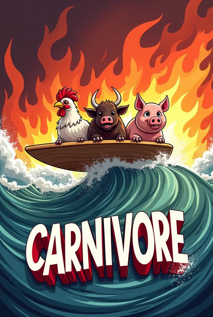 a chicken, a bull and a pig surfing on a chopping board with a word below: CARNIVORE, in white and red relief, over a sea of fire, cartoon illustration style, logo type