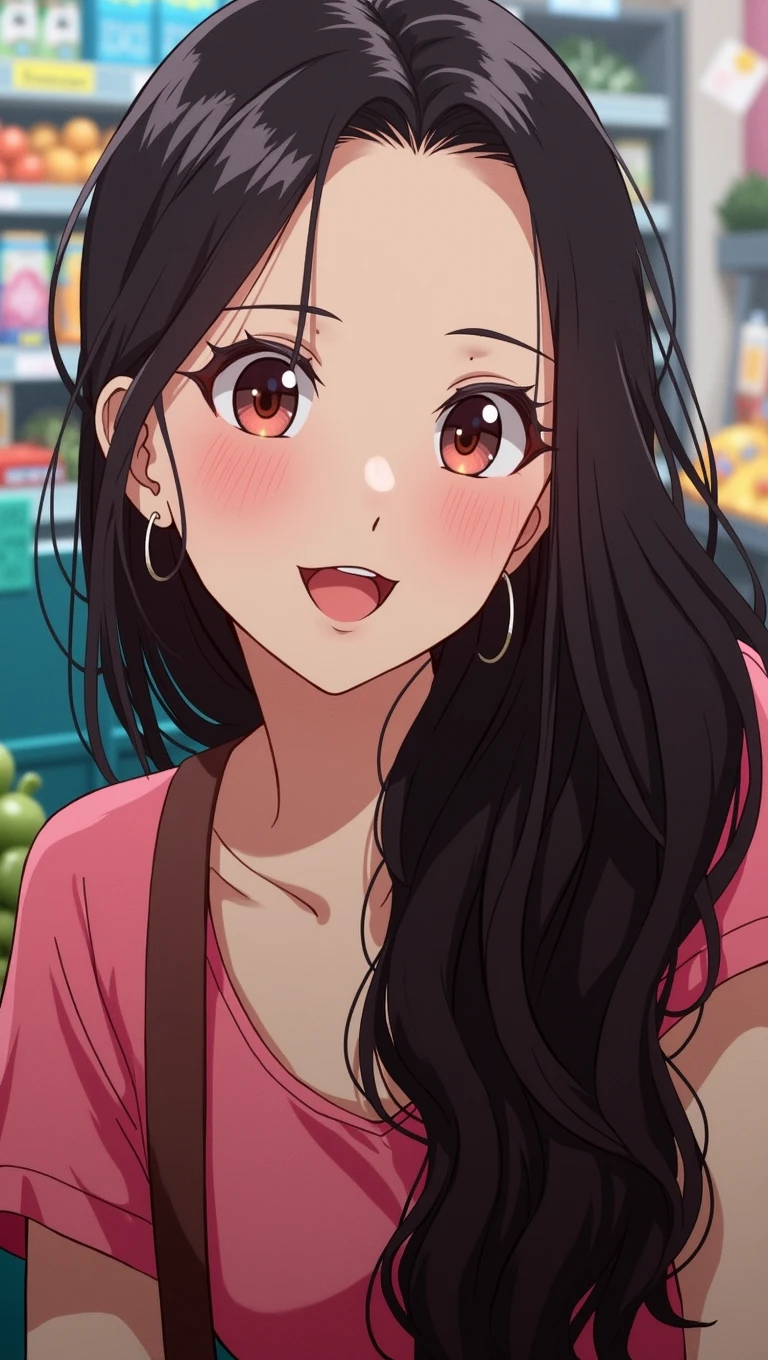 Create an image of a person shopping in a bustling supermarket. The scene should include a variety of colorful grocery items on the shelves, such as fresh fruits, vegetables, and packaged goods. The person should be pushing a shopping cart and selecting items from the shelves. The environment should be lively, with other shoppers in the background and bright, well-organized aisles. The person shopping should be depicted as focused and engaged, wearing casual clothing and holding a grocery list or using a smartphone.