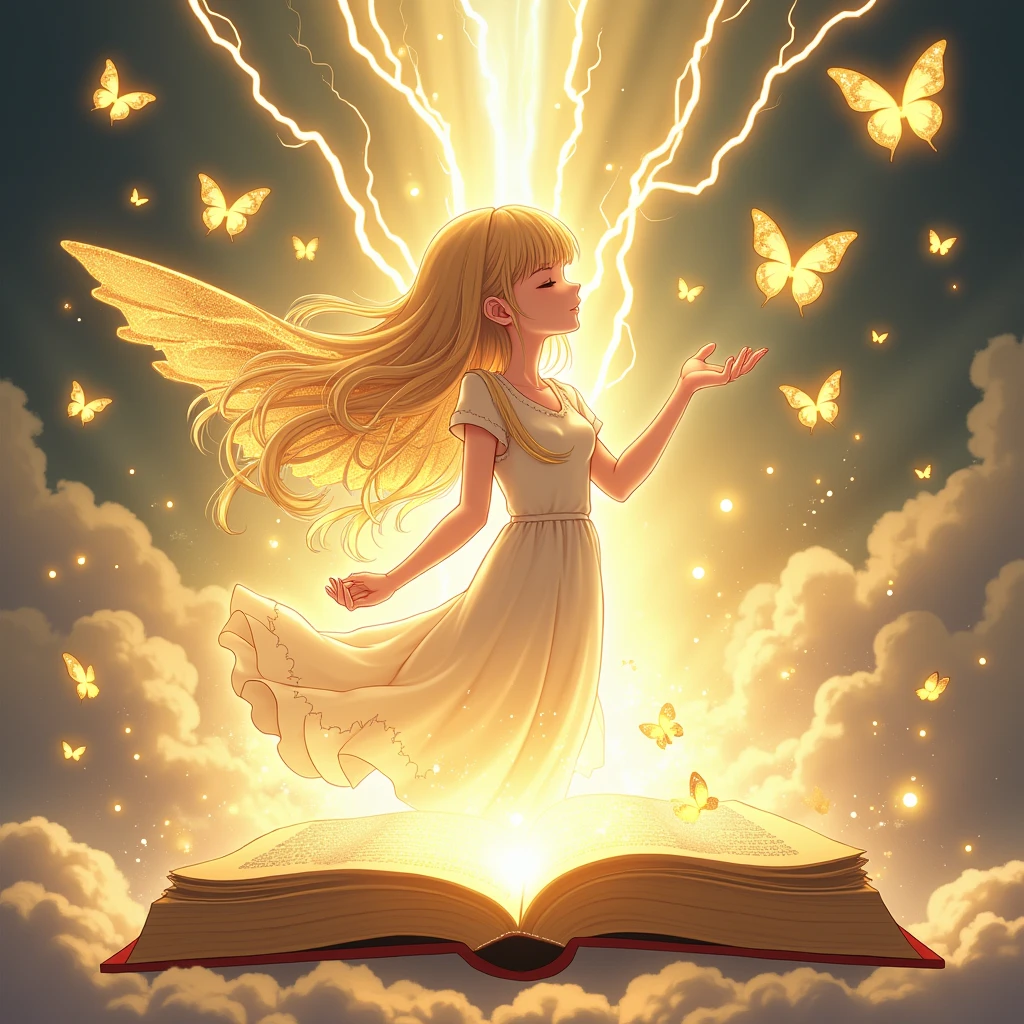 A  anime girl living angel coming out from a Bible ... Her surroundings is lightning with golden butterflies... She spreads her hand towards the butterflies her golden hair flattering in air... She is in her side profile eyes closed 