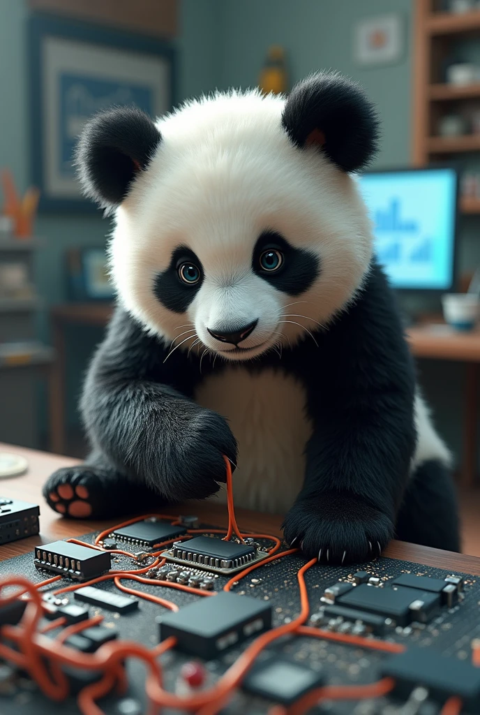 A cute panda playing with electrical circuits, chips and programming in a engineering environment with engineering elements around him