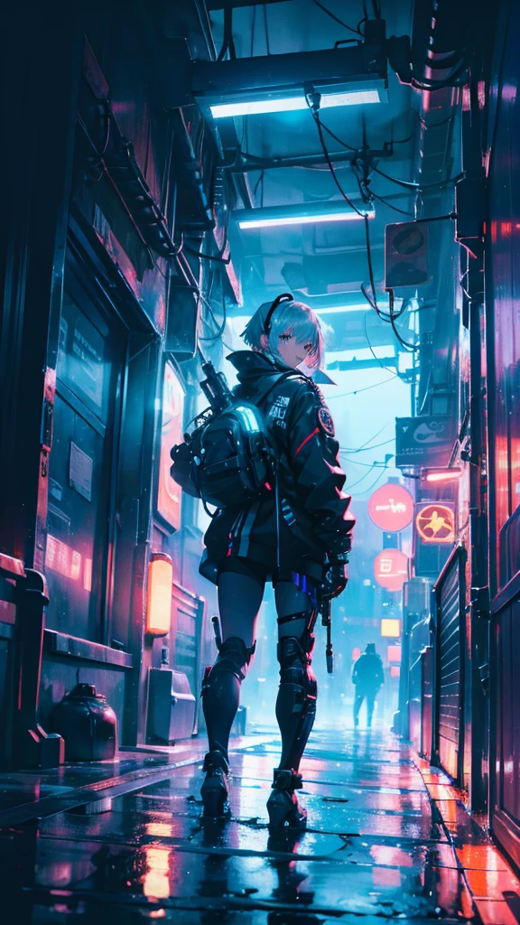 Highest quality, Realistic, Cyber World, sf, cyber punk, Neon Light, Cityscape, Neon Trim, A masterpiece of synthetic textures, Highest quality, ilRouxstration, Highest quality, One person, alone, Roux_already, Have, White thighs, Gray Hair, short hair, headphone, smile, Wear a mask, heavy rain, Put your arms behind your back, Surrealism, cinematic lighting, UHD, high details, best quality, highres, 8k
