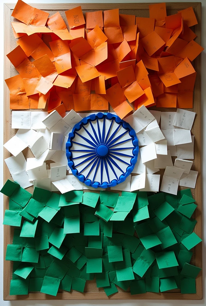 make a indian flag by joining too many paper bags paper pack poxes and some diaries