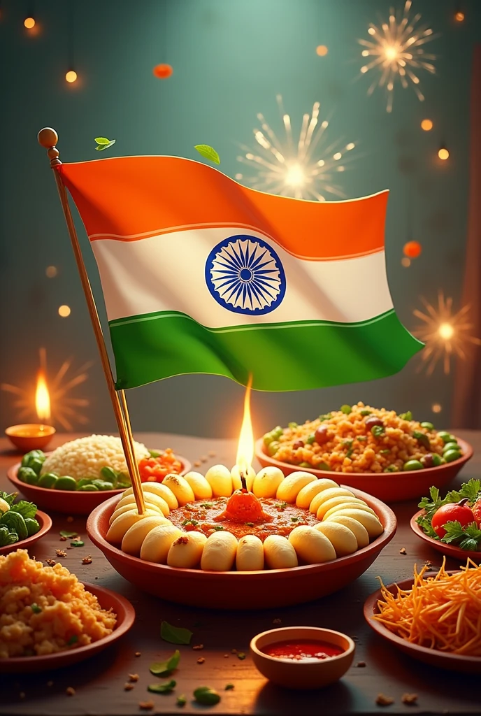 Create a picture independence day India and various Indian food .. mixed the same and create a new video or image including my Instagram name with "Foodiemayank" write my name foodiemayank also in background with creative way