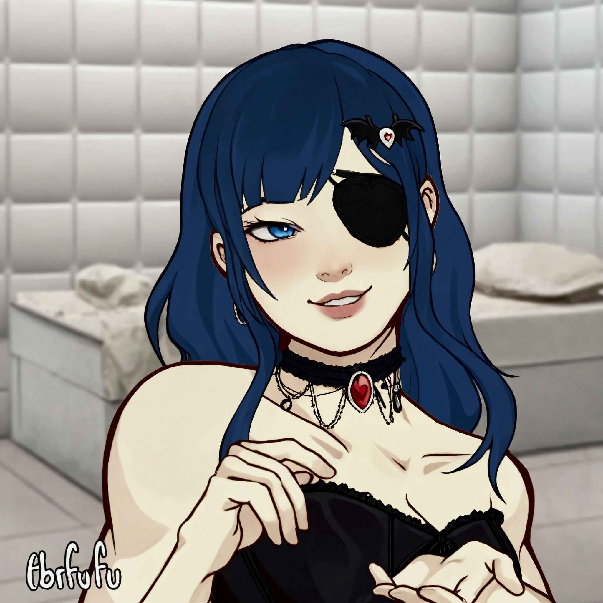Girl with long blue hair, Tez blanca, corset negro, arrogant expression, heart-shaped patch on right eye