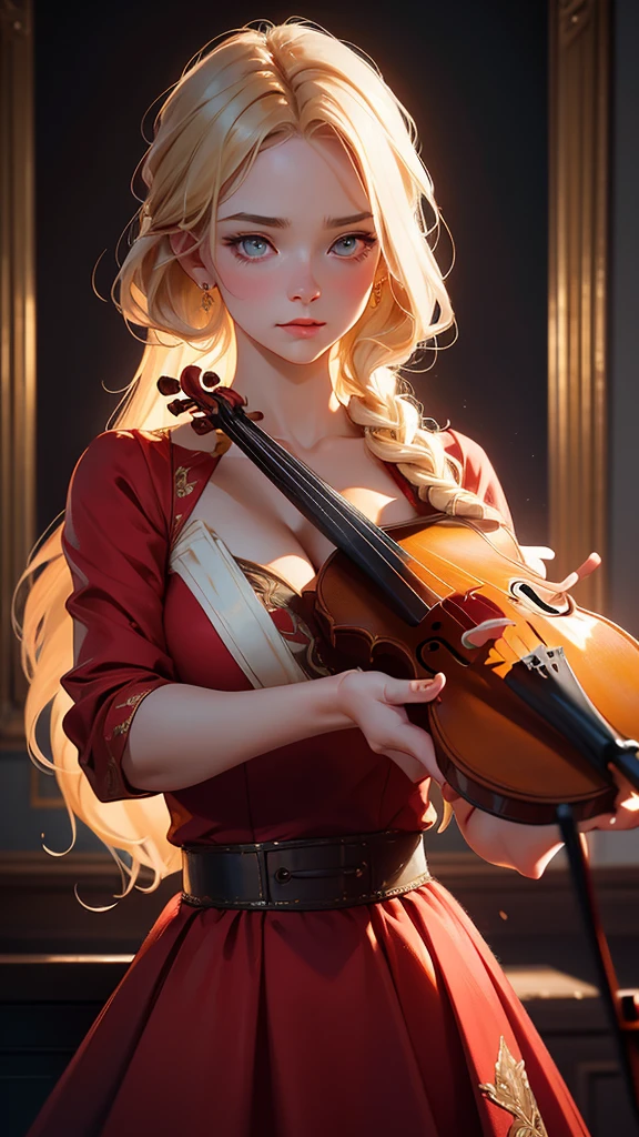 hyper realistic image of the highest quality, the perfect masterpiece, perfect work of art, 8k, a beautiful young woman in a red dress, dress with a low neckline, blonde hair, upturned nose, is playing the violin on a bright stage, realistic oil painting, detailed face, detailed hands, chiaroscuro lighting, dramatic lighting, warm color tones, muted colors, elegant, cinematic, intricate details, photorealistic, 8k, high resolution, best quality, masterpiece, annie leibovitz style photography, ilya kuvshinov style, soft light, studio light, (intricate details), majestic, aesthetic