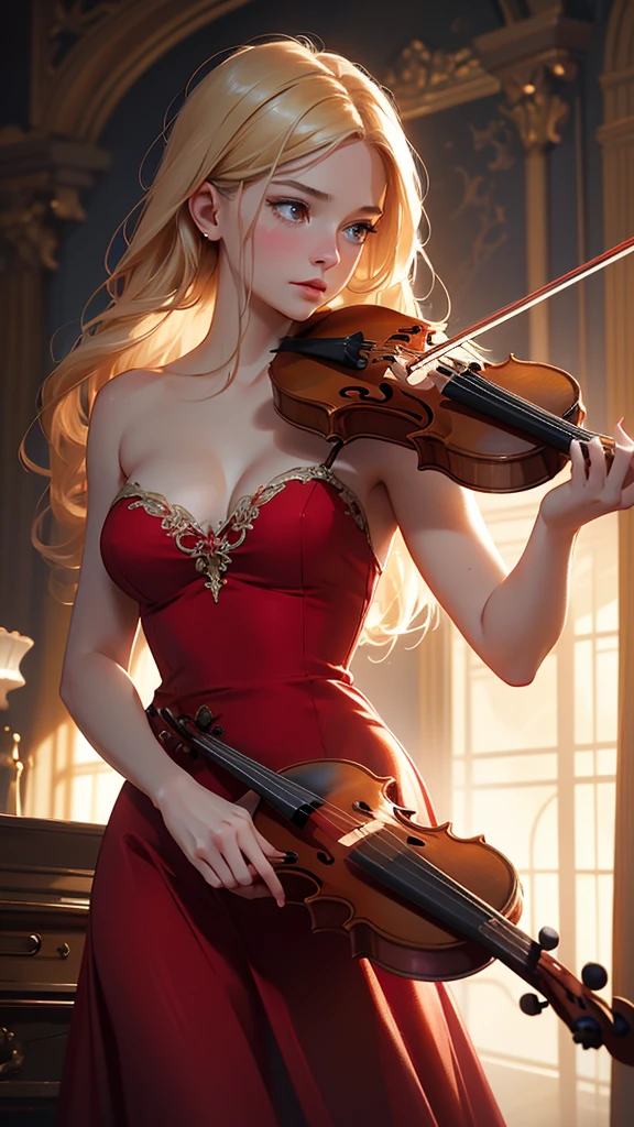 hyper realistic image of the highest quality, the perfect masterpiece, perfect work of art, 8k, a beautiful young woman in a red dress, dress with a low neckline, blonde hair, upturned nose, is playing the violin on a bright stage, realistic oil painting, detailed face, detailed hands, chiaroscuro lighting, dramatic lighting, warm color tones, muted colors, elegant, cinematic, intricate details, photorealistic, 8k, high resolution, best quality, masterpiece, annie leibovitz style photography, ilya kuvshinov style, soft light, studio light, (intricate details), majestic, aesthetic